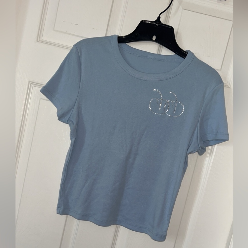 Cherry Drip Double Logo (Rhinestone Edition) Baby Blue Crop Top